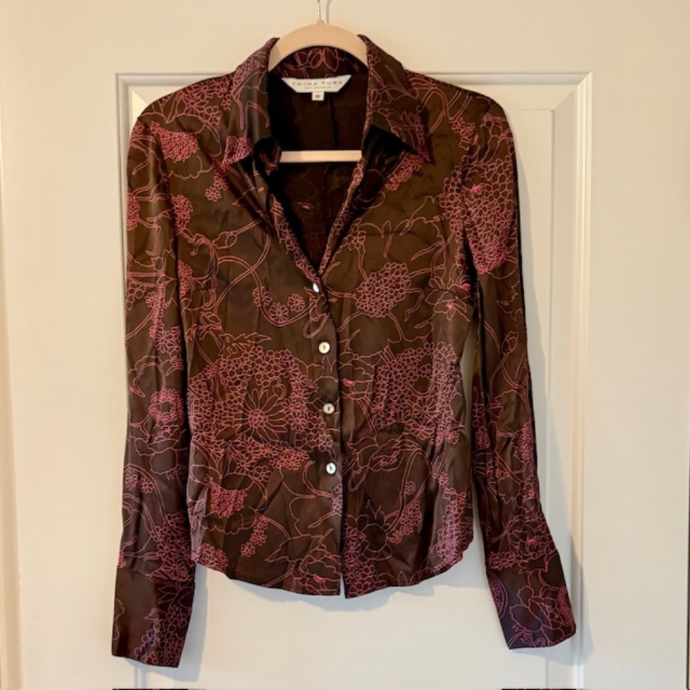 Trina Turk Brown & Pink Floral Silk Stretch Blouse Size Small
